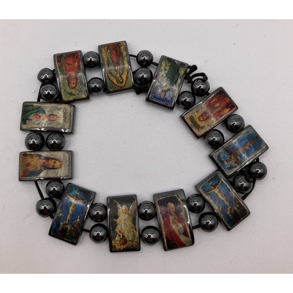 Saints Angels Black Hematite Bracelet with Beads Stretch Jesus